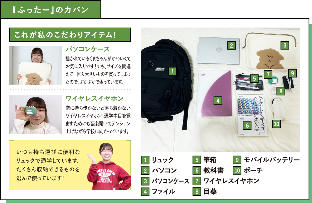 『ふったー』のカバン これが私のこだわりアイテム!パソコンケース 描かれているくまちゃんがかわいくてお気に入りです！でも、サイズを間違えて一回り大きいものを買ってしまったので、ぶかぶかで困っています。ワイヤレスイヤホン 常に持ち歩かないと落ち着かないワイヤレスイヤホン！通学中目を覚ますためにも音楽聞いてテンション上げながら学校に向かっています。いつも持ち運びに便利なリュックで通学しています。たくさん収納できるものを選んで使っています！