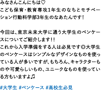 みなさんこんにちは♡こども保育・教育専攻1年生のなちとモチベーション行動科学部3年生のなあたんです！今回は、東京未来大学に通う大学生のペンケースについてご紹介します！！これから入学準備をする人は必見です◎大学生のペンケースはシンプルなデザインなものを使っている人が多いですが、もちろん、キャラクターものや可愛らしいもの、ユニークなものを使っている方もいますよ♫